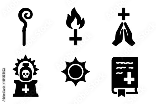 Heretical Magic Icons. Solid, filled icon set of heretical magic: unholy staff, corrupted light, reversed prayer, soul trap, black