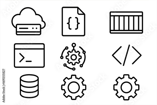 Infrastructure Icon Grid. Outline icon set of infrastructure as code: cloud server, script file, container box