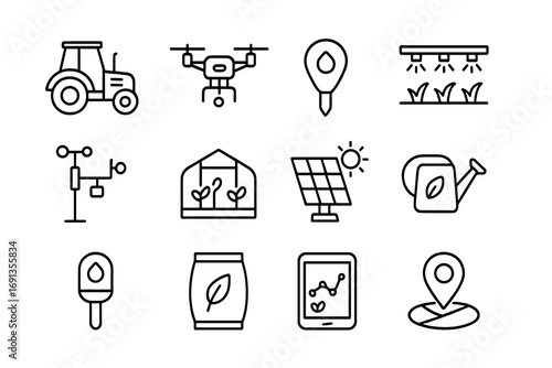Climate-Smart Farming Tools. Outline icon set of Climate-smart farming tools: tractor, drone, soil sensor,