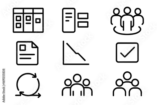 Agile Development Icon Set. Outline icon set of agile development cycle: sprint board, backlog icon, daily