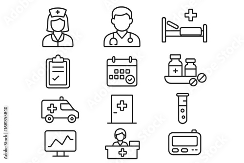 Hospital Workflow Icons. Outline icon set of Hospital workflow management: nurse, doctor, patient bed,
