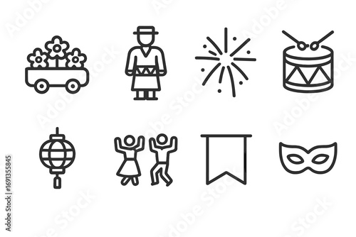Heritage Festival Icons. Outline icon set of heritage festivals and celebrations: parade float, traditional costume, firework,