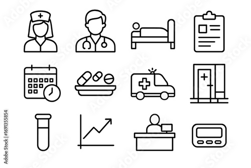 Hospital Workflow Icons. Outline icon set of Hospital workflow management: nurse, doctor, patient bed,