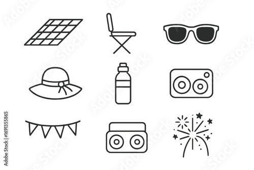 Outdoor Event Icons. Outline icon set of outdoor event audiences: picnic blanket, folding chair, sunglasses,
