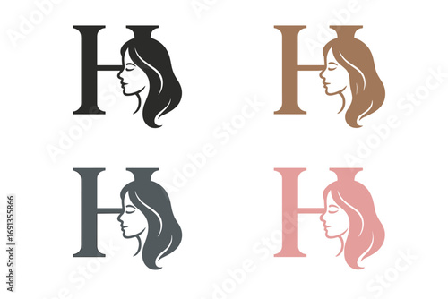 Letter H logo with woman face silhouette. Beauty hair salon, spa, cosmetics vector icon set. Feminine brand identity monogram. Elegant modern minimalist company symbol collection.