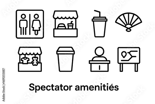 Spectator Amenities Icons. Outline icon set of spectator amenities: restroom sign, food kiosk, drink cup, hand