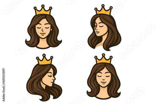 Queen head logo collection. Princess character face set. Royal woman with crown icon. Beauty, fashion, spa, salon brand mascot. Vector cartoon glamour illustration front side view.