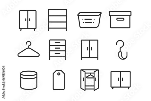 Storage Icon Set. Outline icon set of Storage and organization: wardrobe, shelf, basket, box, hanger, drawer,