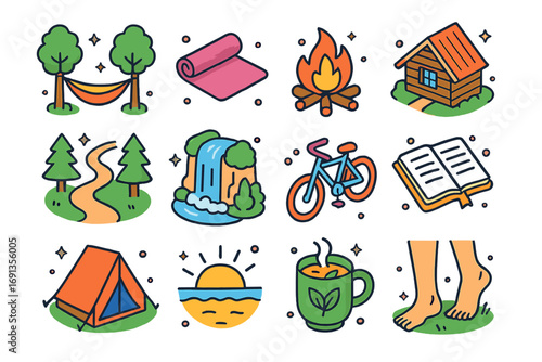 Digital Detox Icons. Colorful isometric vector icons set of traveling for digital detox: hammock between trees, yoga mat, campfire