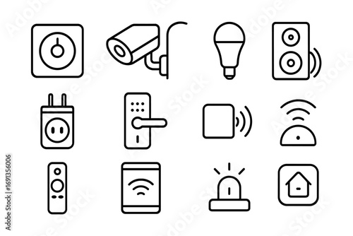 Smart Home Icons. Outline icon set of Smart home devices: thermostat, security camera, smart light, speaker,