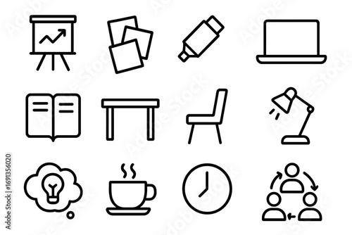 Team Brainstorm Icon Set. Outline icon set of Team brainstorming session: flip chart, sticky notes, marker,