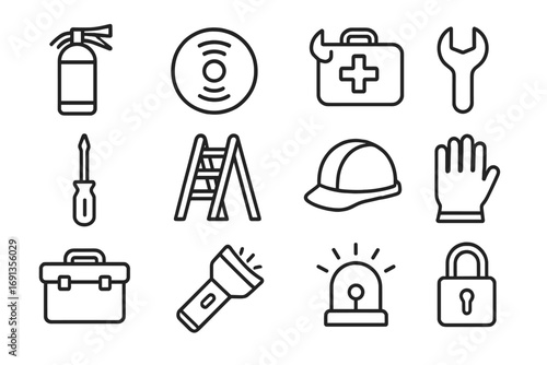 Home Safety Icons. Outline icon set of Home safety and maintenance: fire extinguisher, smoke detector, first
