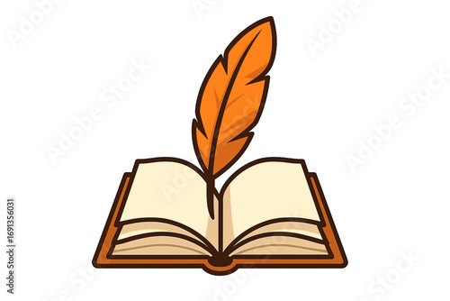 Quill pen in open book vector icon. Classic literature, writing, and knowledge concept. Vintage author, poetry, and history symbol. Education, wisdom, and storytelling logo.