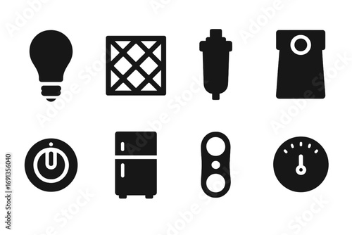 Home Appliance Replacements. Solid, filled icon set of home appliance replacements: light bulb, air filter, water filter, vacuum