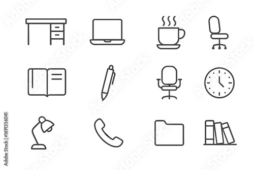 Office Essentials Icons. Outline icon set of Daily office routine: desk, laptop, coffee cup, notebook, pen,