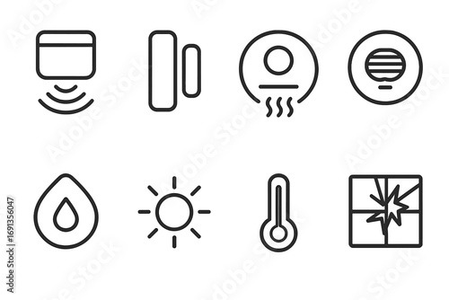 Home Automation Sensors. Outline icon set of home automation sensors: motion detector, door sensor, smoke detector, carbon