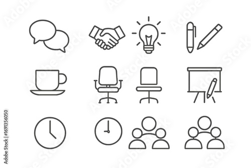 Employee Icons Set. Outline icon set of Employee discussion dynamics: speech bubble, handshake, light bulb,