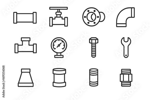 Industrial Pipework Icons. Outline icon set of Industrial pipework systems: pipe, valve, flange, fitting,