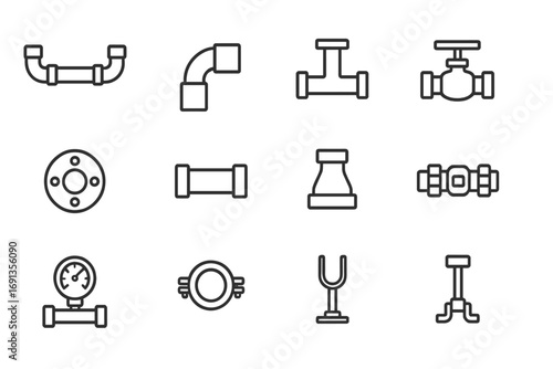 Plumbing System Icons. Outline icon set of Plumbing system layout: pipes, elbows, tees, valves, flanges,