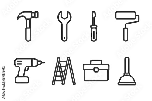 Home Tools Icons. Outline icon set of home maintenance tools: hammer, wrench, screwdriver, paint roller, drill, ladder, toolbox,