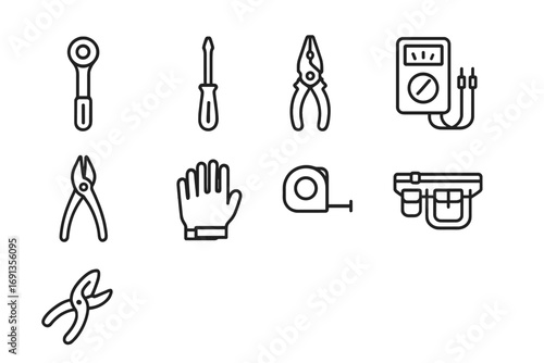 Solar Energy Tool Icons. Outline icon set of solar energy tools: torque wrench, screwdriver, pliers,