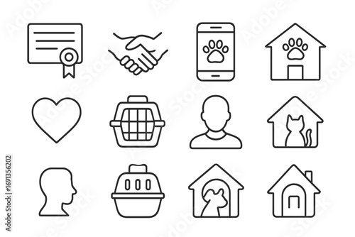 Pet Adoption Icons. Outline icon set of pet adoption apps: adoption certificate, paw handshake, mobile
