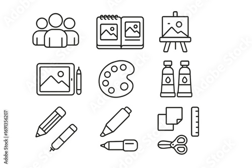 Collaborative Art Icons. Outline icon set of Collaborative art projects: group of students, shared sketchbook,