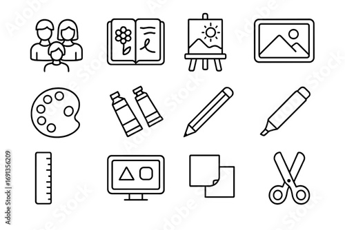 Collaborative Art Icons. Outline icon set of Collaborative art projects: group of students, shared sketchbook,
