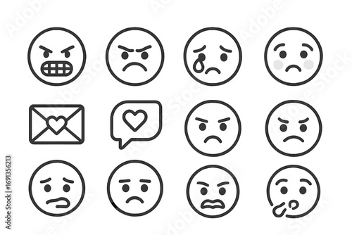 Iconic Love and Emotion. Outline icon set of sweetheart: heart shape, love letter, cupid arrow, rose flower, kissing lips,