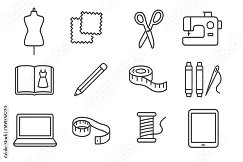 Fashion Design Icon Set. Outline icon set of Fashion design activities: dress form, fabric swatches, scissors,