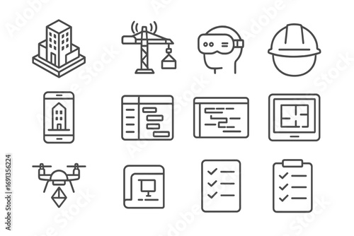 Digital Construction Icons. Outline icon set of digital construction: BIM model, crane with sensors, safety