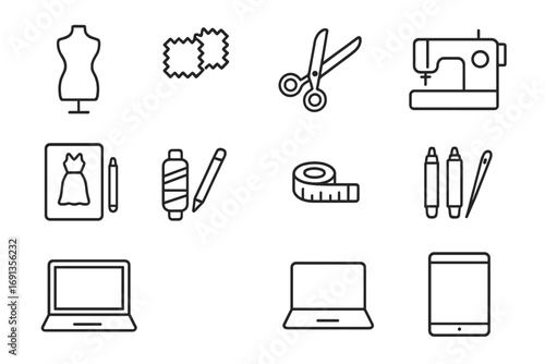 Fashion Design Icon Set. Outline icon set of Fashion design activities: dress form, fabric swatches, scissors,