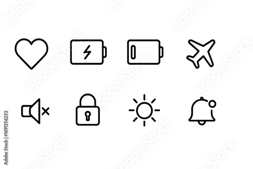 Iconography in Black. Outline icon set of sweetheart: heart shape, love letter, cupid arrow, rose flower, kissing lips, engagement