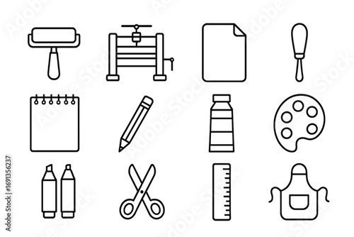 Printmaking Icon Set. Outline icon set of Printmaking techniques: ink roller, printing press, paper, carving