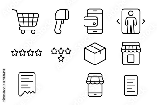 Digital Retail Icons. Outline icon set of digital retail: online shopping cart, barcode scanner, mobile