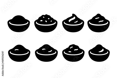 Iconic Refried Beans Textures. Solid, filled icon set of refried beans textures: smooth, chunky, creamy, thick, mashed, blended,