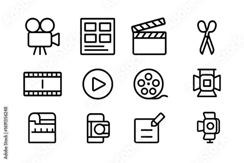 Filmmaking Icon Set. Outline icon set of filmmaking and video creation: movie camera, storyboard, clapperboard