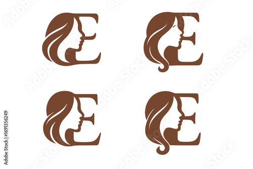Set of letter E logo with woman face silhouette. Beauty salon, spa, hair, cosmetics initial monogram icon collection. Elegant feminine design element for branding. Vector.