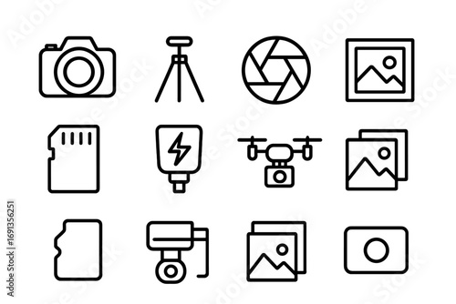 Photography Icon Set. Outline icon set of photography in creative process: DSLR camera, tripod, aperture