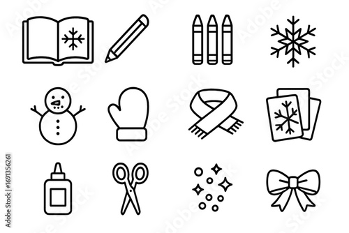 Winter Craft Icons. Outline icon set of Winter storytelling crafts: storybook, pencil, markers, snowflake,