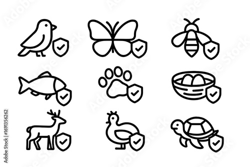 Wildlife Protection Icons. Outline icon set of protecting wildlife: bird, butterfly, bee, fish, paw print,