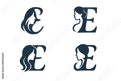 Letter E logo design set with woman face silhouette. Beauty salon, spa, cosmetics initial monogram. Elegant female profile icon for hair, skin care brand identity.