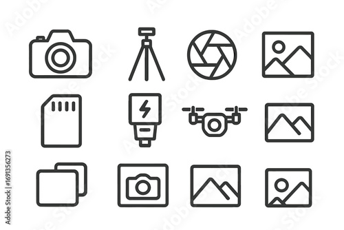 Photography Icon Set. Outline icon set of photography in creative process: DSLR camera, tripod, aperture