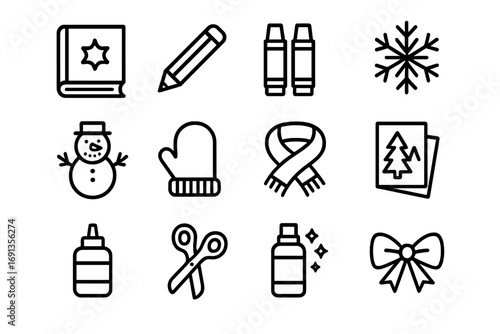 Winter Craft Icons. Outline icon set of Winter storytelling crafts: storybook, pencil, markers, snowflake,
