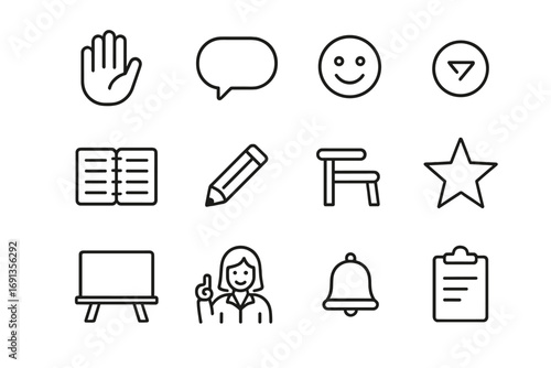 Classroom Icons Set. Outline icon set of Encouraging classroom participation: raised hand, speech bubble,