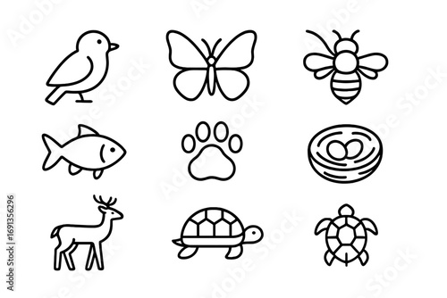 Wildlife Protection Icons. Outline icon set of protecting wildlife: bird, butterfly, bee, fish, paw print,