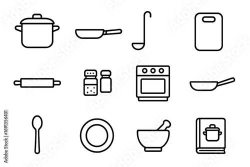 Traditional Cooking Icons. Outline icon set of Traditional cooking and family meals: pot, frying pan, ladle,