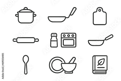 Traditional Cooking Icons. Outline icon set of Traditional cooking and family meals: pot, frying pan, ladle,