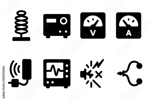 Induction Experiment Icons. Solid, filled icon set of induction experiments: lab coil, power supply, voltmeter, ammeter, magnetic