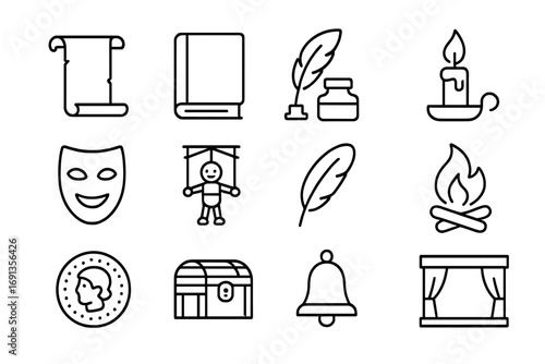 Storytelling Icon Set. Outline icon set of Traditional storytelling and myths: scroll, book, quill, candle,